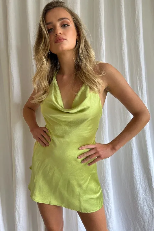 COWL NECK MINI SATIN DRESS