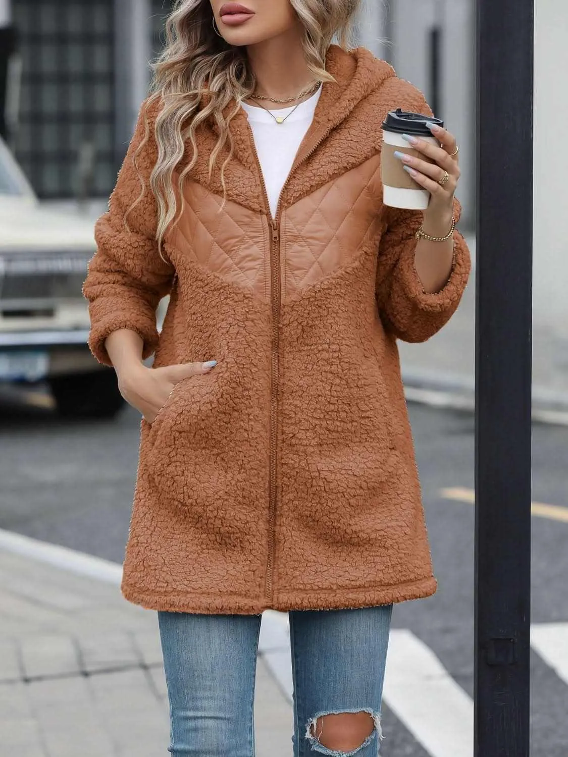 Cozy fleece hooded jacket with pockets