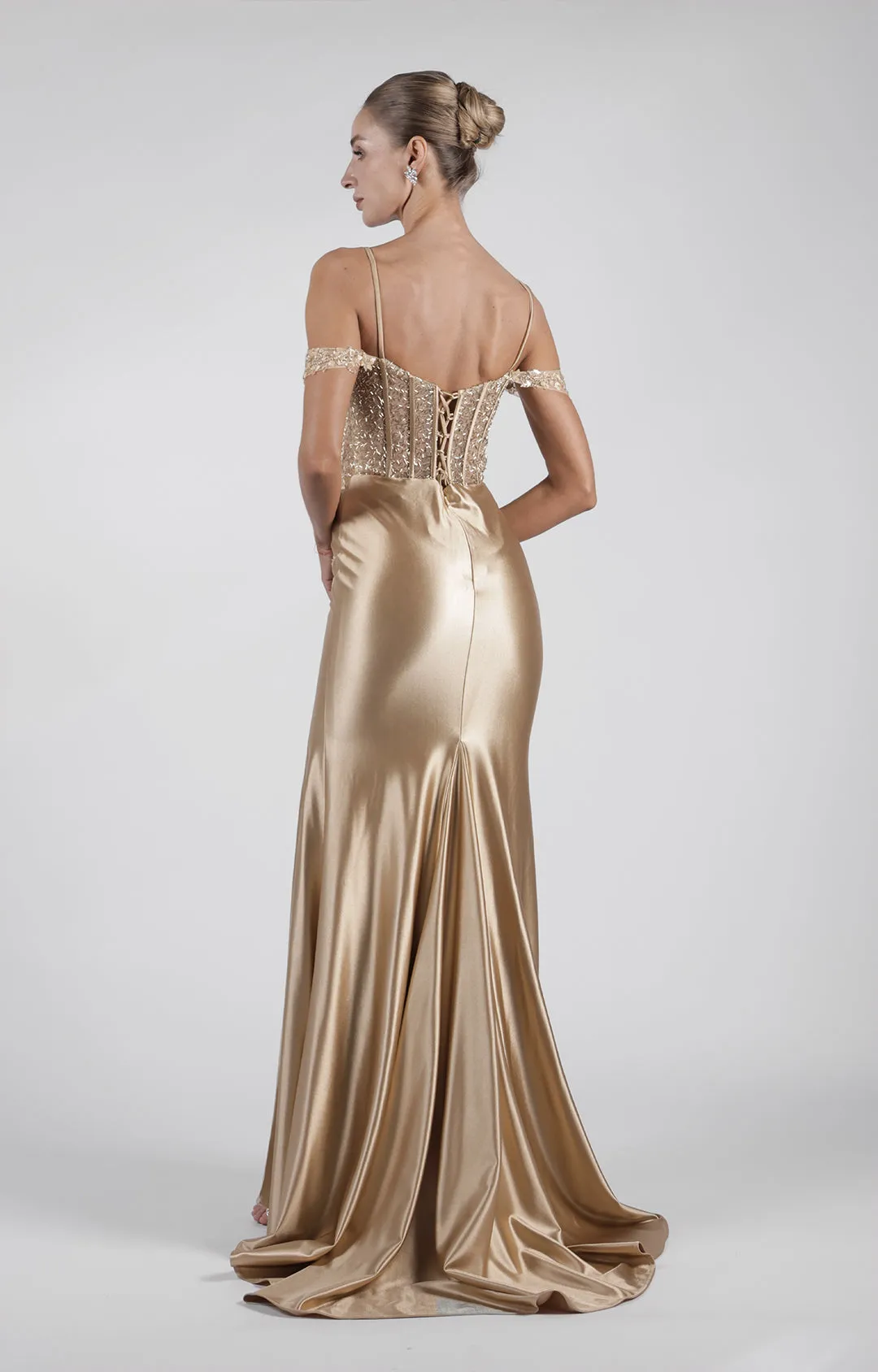 Heart Collar Cowl Neck Drop Shoulder Sleeve High Side Split Evening Dress
