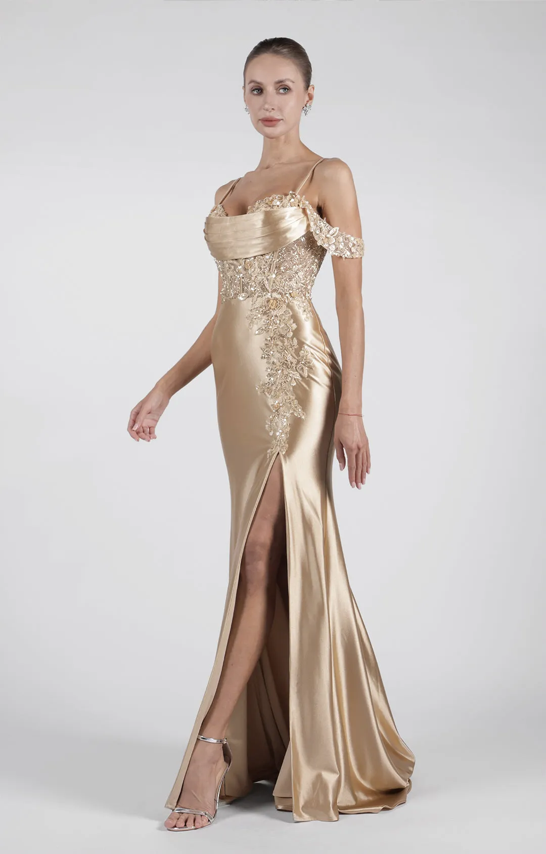 Heart Collar Cowl Neck Drop Shoulder Sleeve High Side Split Evening Dress