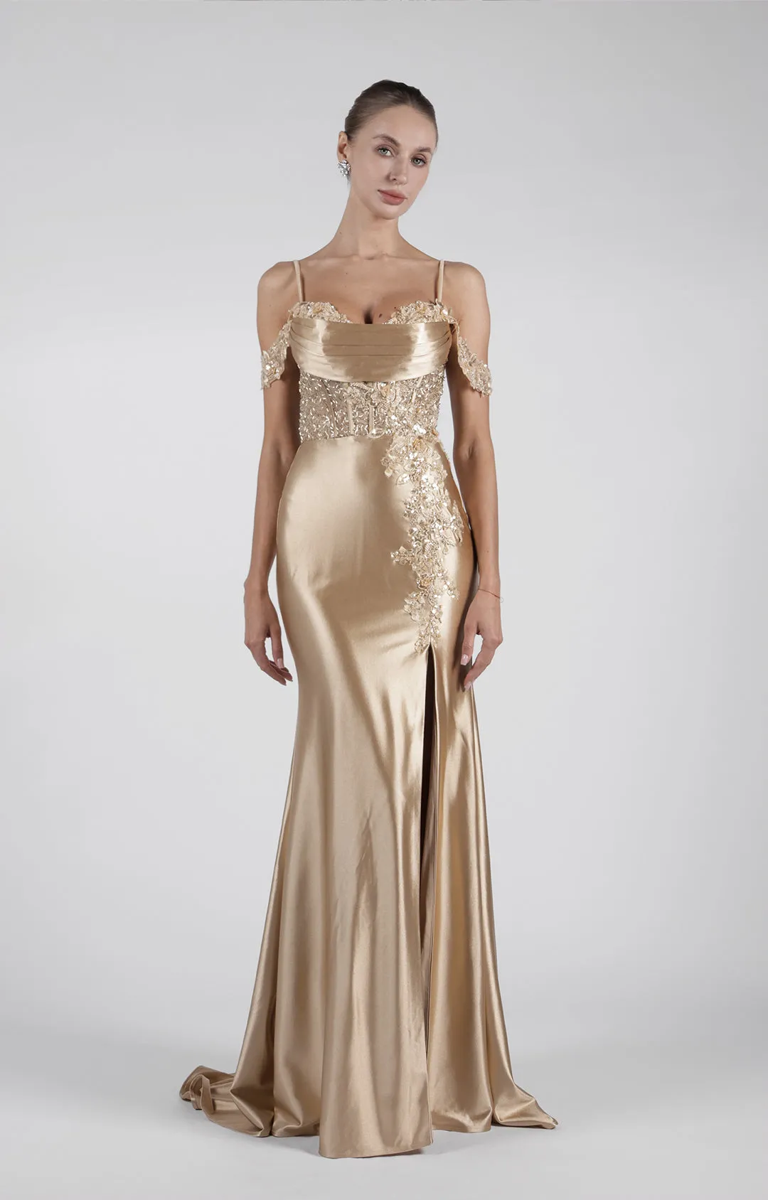 Heart Collar Cowl Neck Drop Shoulder Sleeve High Side Split Evening Dress