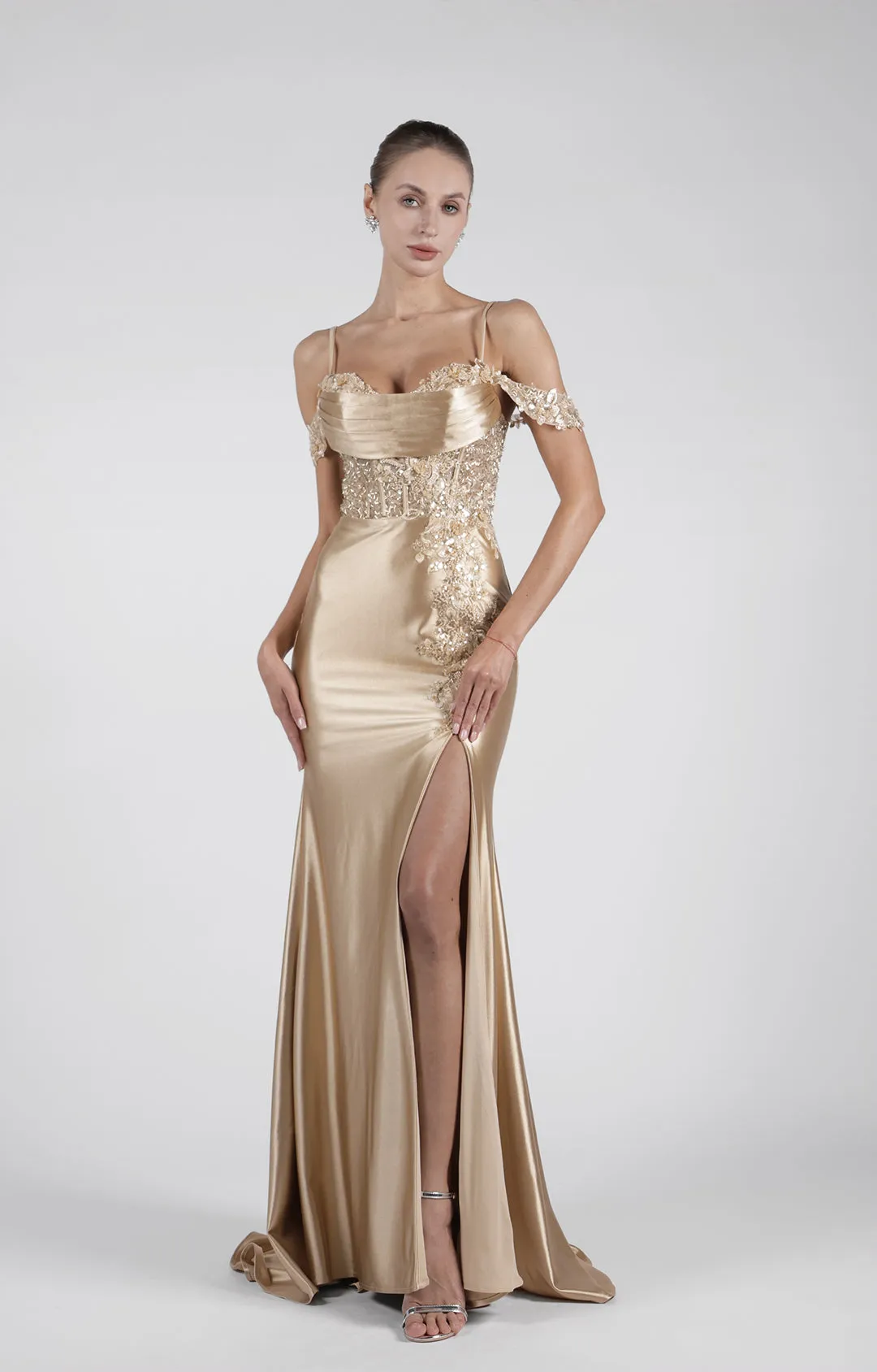 Heart Collar Cowl Neck Drop Shoulder Sleeve High Side Split Evening Dress