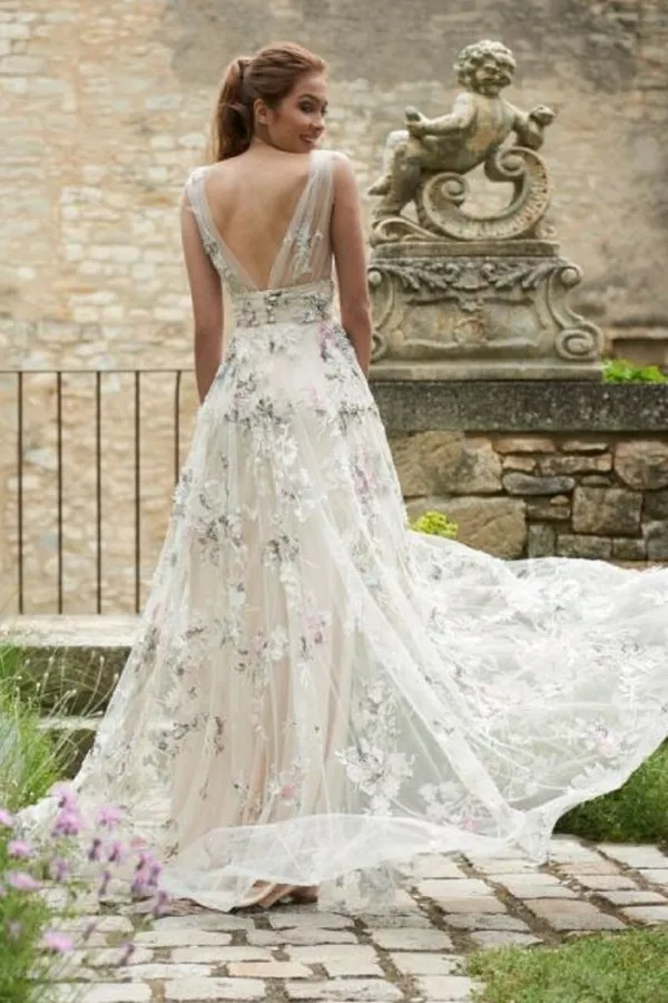 Kateprom A Line V neck 3D Floral Lace Long Prom Dresses Evening Dresses KPP1504