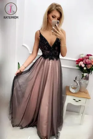 Kateprom Black V Neck Tulle Long Prom Dress with Appliques, Floor Length Backless Formal Dress KPP1145