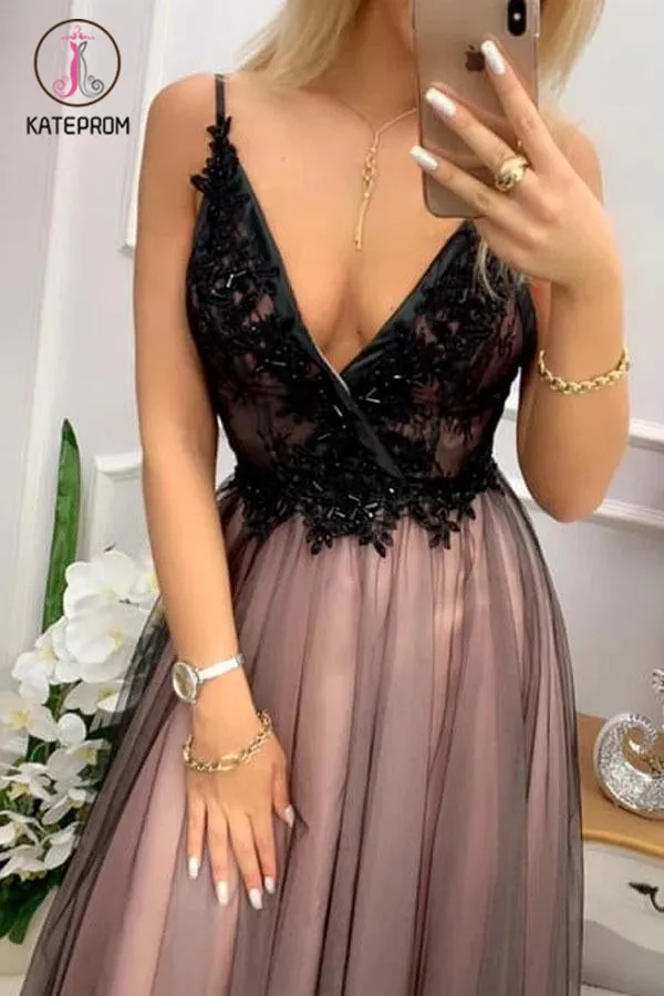 Kateprom Black V Neck Tulle Long Prom Dress with Appliques, Floor Length Backless Formal Dress KPP1145