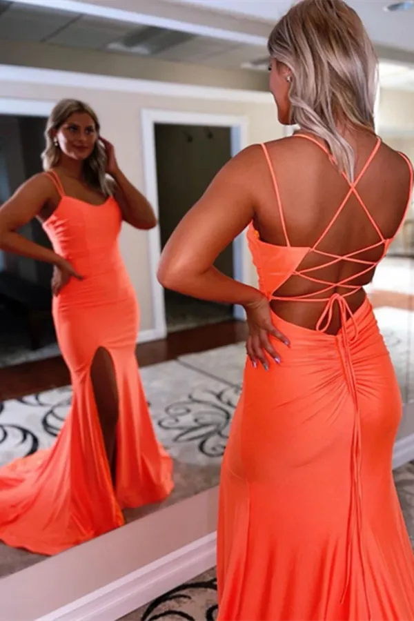 Kateprom Chic A line Simple Double Spaghetti Straps Blue Prom Dresses Split Long Evening Dresses KPP1507