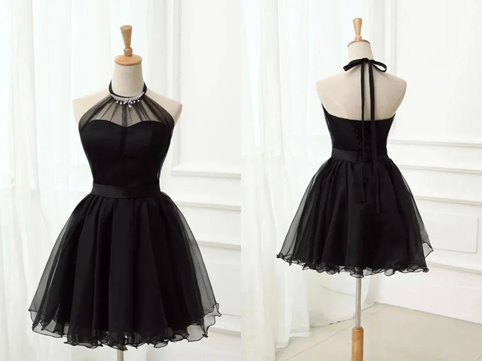 Kateprom Cute Halter Black Tulle Sleeveless Beads Short Prom Dresses Homecoming Dresses KPH0583