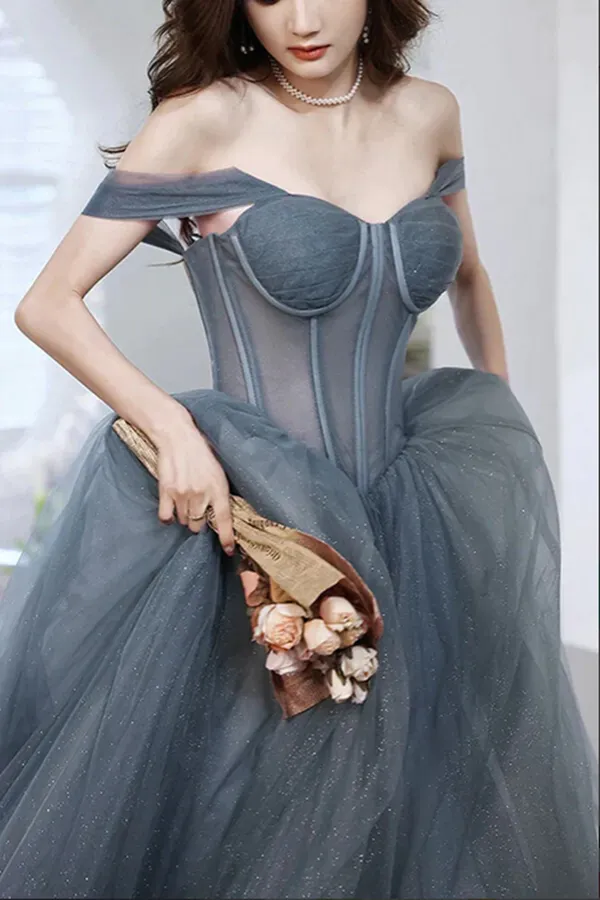 Kateprom Gray Blue Tulle A line Sweetheart Neck Long Prom Dresses, Evening Dresses KPP1627