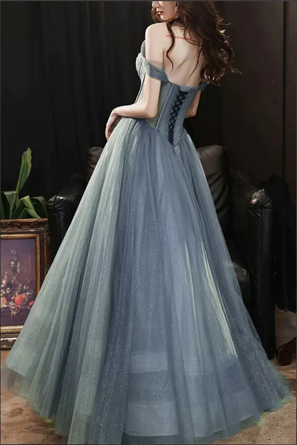 Kateprom Gray Blue Tulle A line Sweetheart Neck Long Prom Dresses, Evening Dresses KPP1627