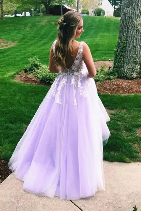 Kateprom Lilac A line V neck Evening Dress, Long Prom Dresses With Appliques KPP1400