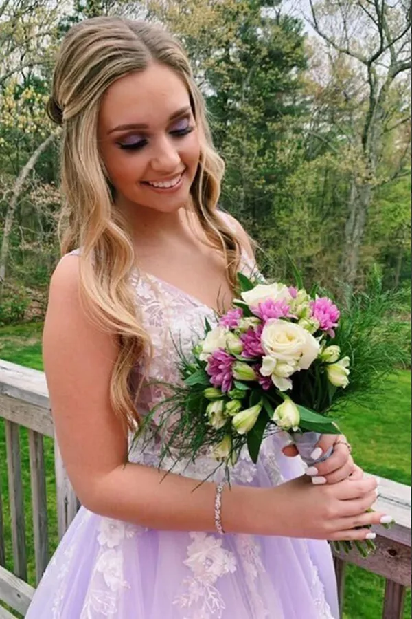 Kateprom Lilac A line V neck Evening Dress, Long Prom Dresses With Appliques KPP1400