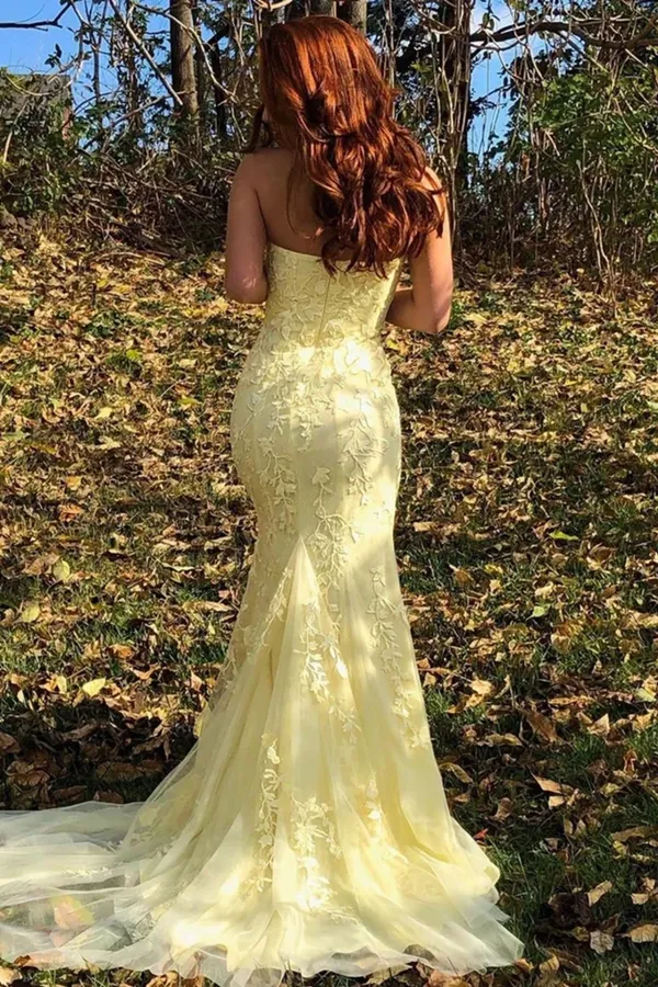 Kateprom Mermaid Strapless Appliques Yellow Prom Dresses With Slit Evening Dresses KPP1439
