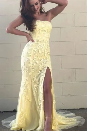 Kateprom Mermaid Strapless Appliques Yellow Prom Dresses With Slit Evening Dresses KPP1439