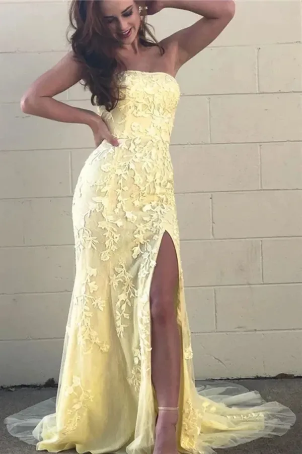 Kateprom Mermaid Strapless Appliques Yellow Prom Dresses With Slit Evening Dresses KPP1439