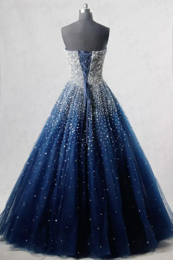Kateprom Navy Blue Strapless Floor Length Prom Ball Gown with Beading Sequins, Prom Dresses KPP1443