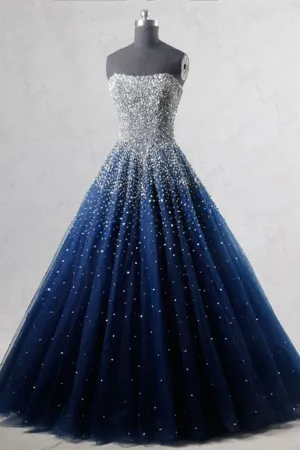 Kateprom Navy Blue Strapless Floor Length Prom Ball Gown with Beading Sequins, Prom Dresses KPP1443