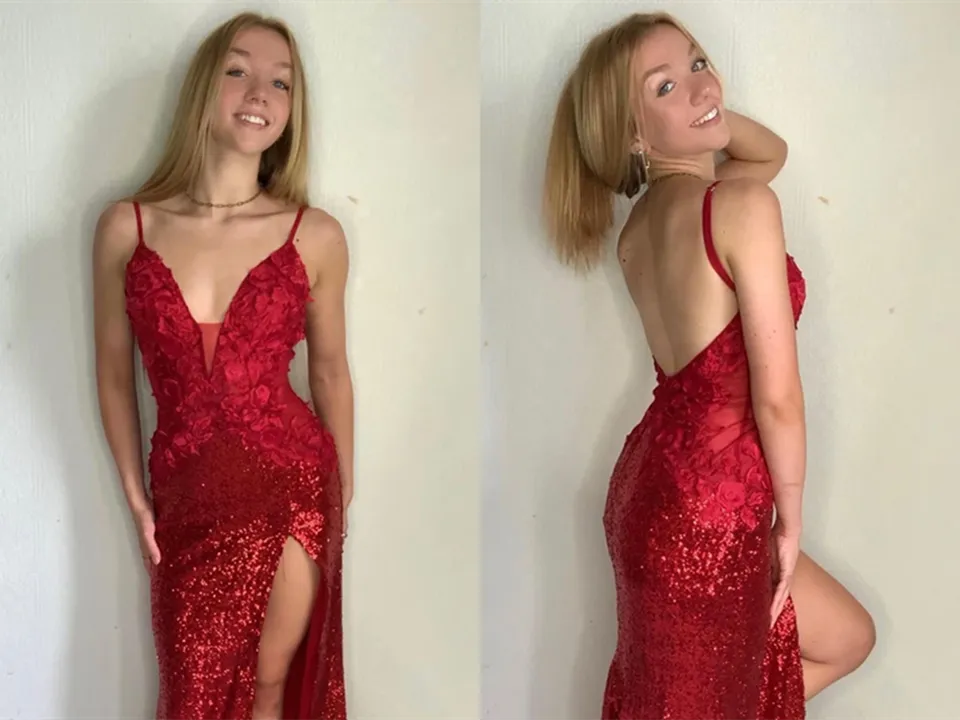 Kateprom Shining Sequin Lace Spaghetti Straps V Neckline Sheath Prom Dresses KPP1456