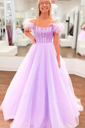 Off Shoulder Beaded Lilac Tulle Long Prom Dresses, Off the Shoulder Purple Formal Dresses KPP1732