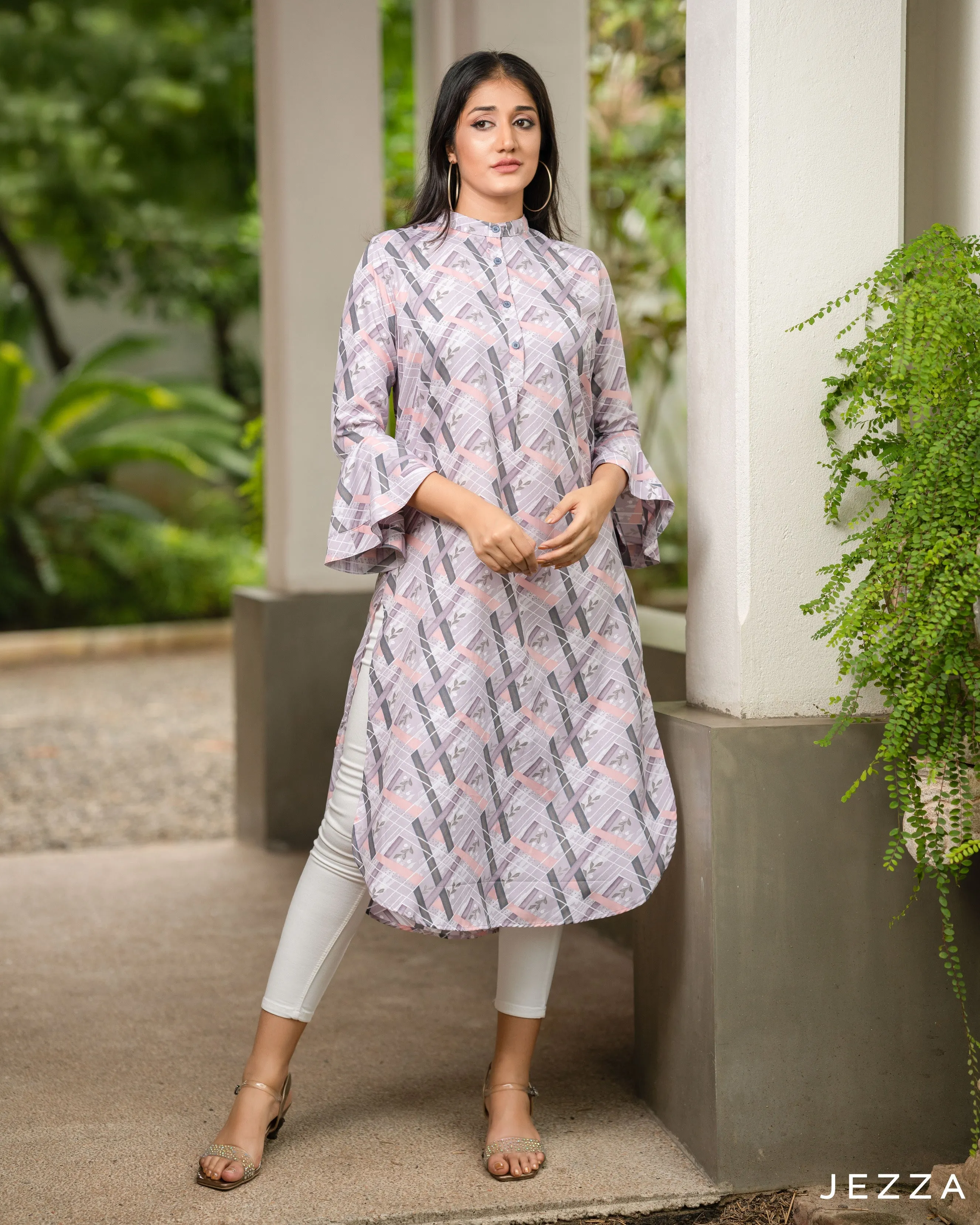 Printed Polyester Midi Top With Flared Sleeve 57602