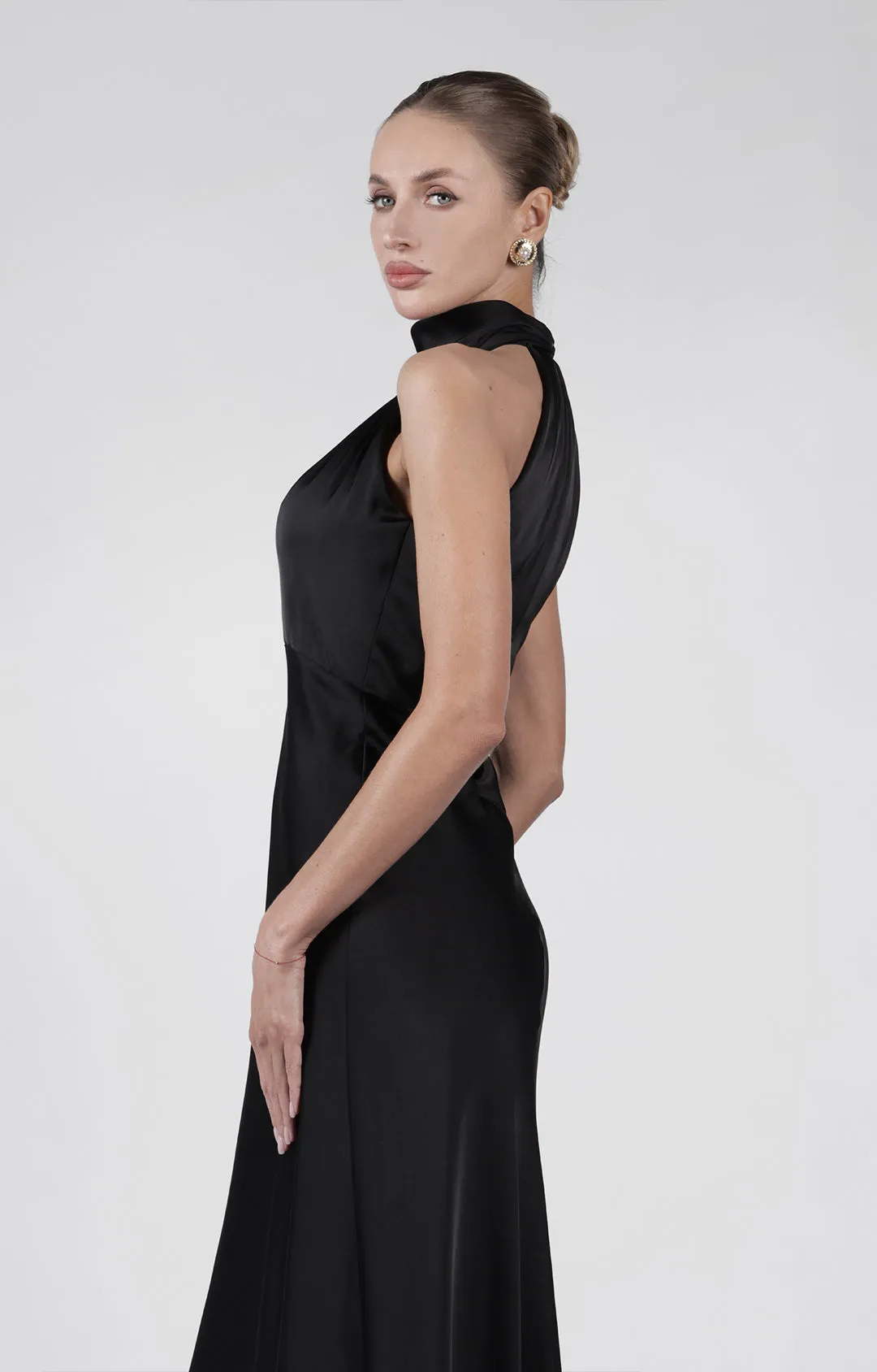 Satin High Neck Fluted Hem Bridesmaid Maxi Dress