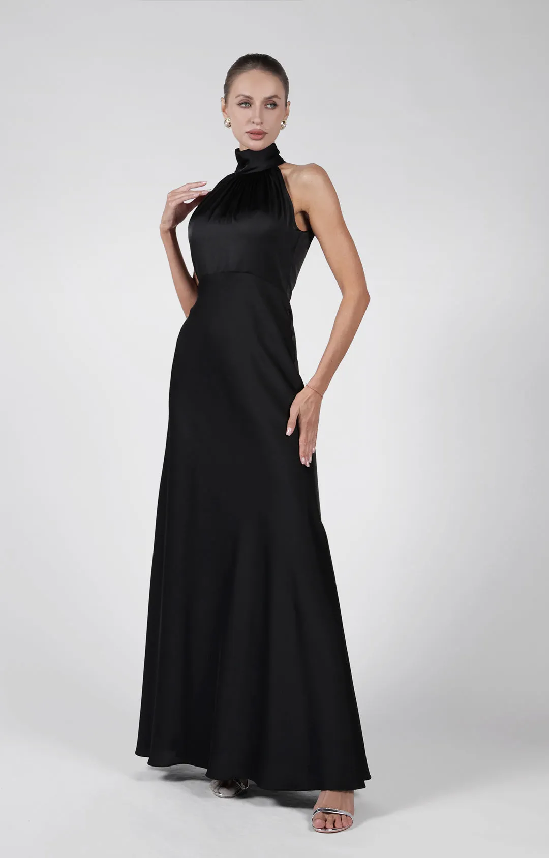 Satin High Neck Fluted Hem Bridesmaid Maxi Dress