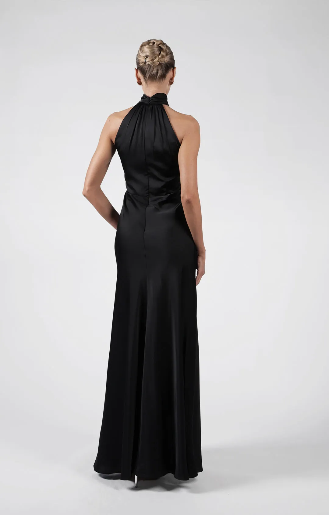 Satin High Neck Fluted Hem Bridesmaid Maxi Dress
