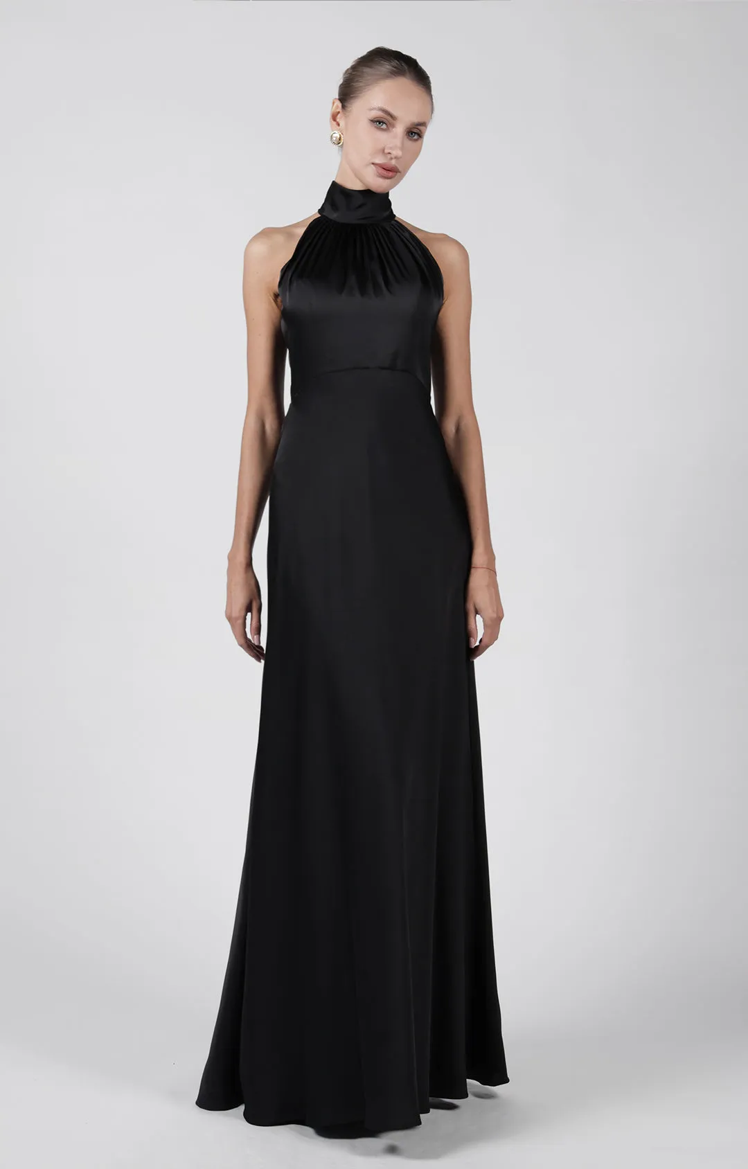 Satin High Neck Fluted Hem Bridesmaid Maxi Dress