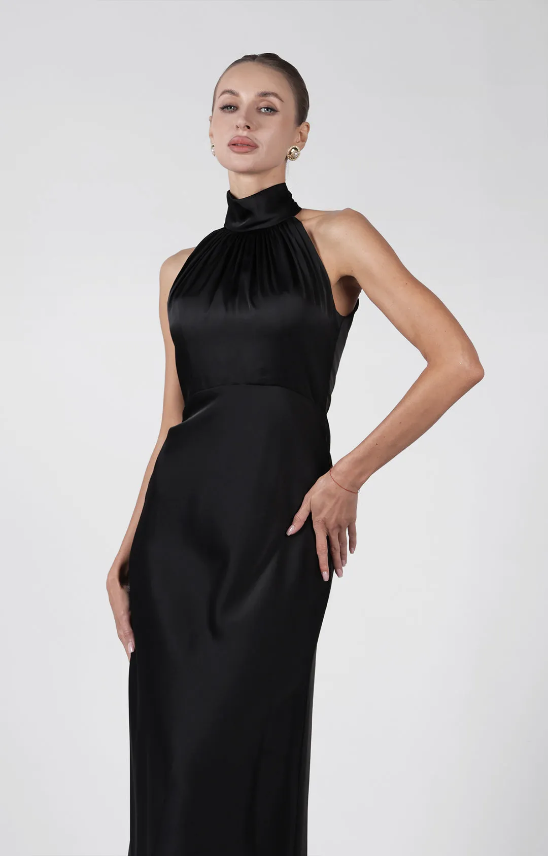 Satin High Neck Fluted Hem Bridesmaid Maxi Dress