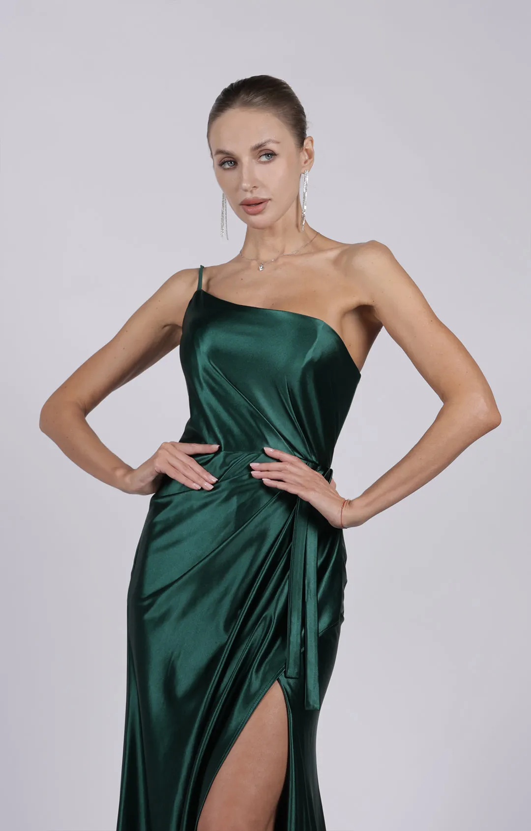 Satin One-shoulder Ruched Split Sweep Train Dress