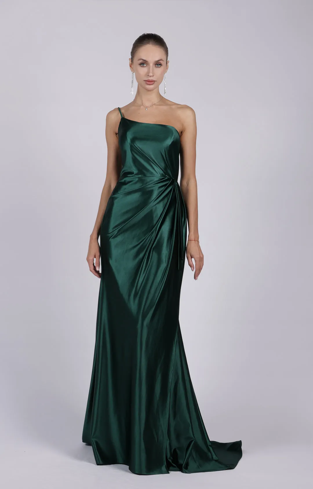 Satin One-shoulder Ruched Split Sweep Train Dress