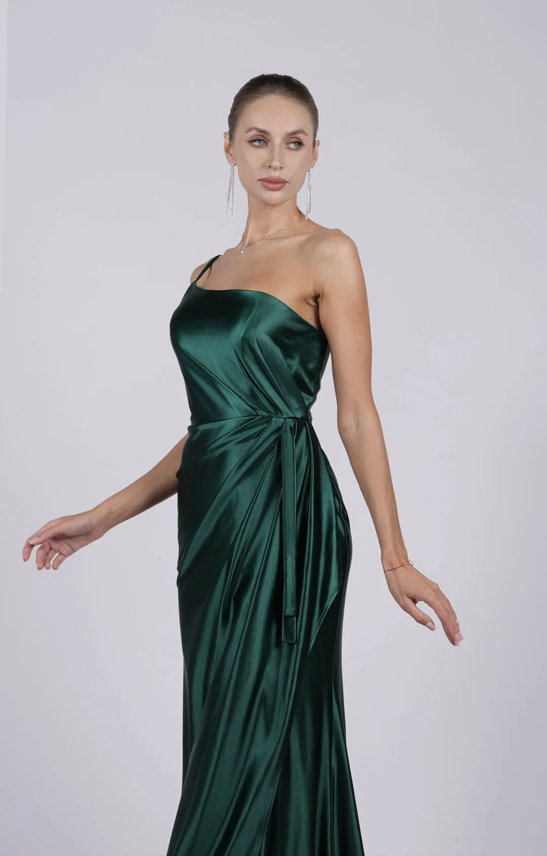 Satin One-shoulder Ruched Split Sweep Train Dress