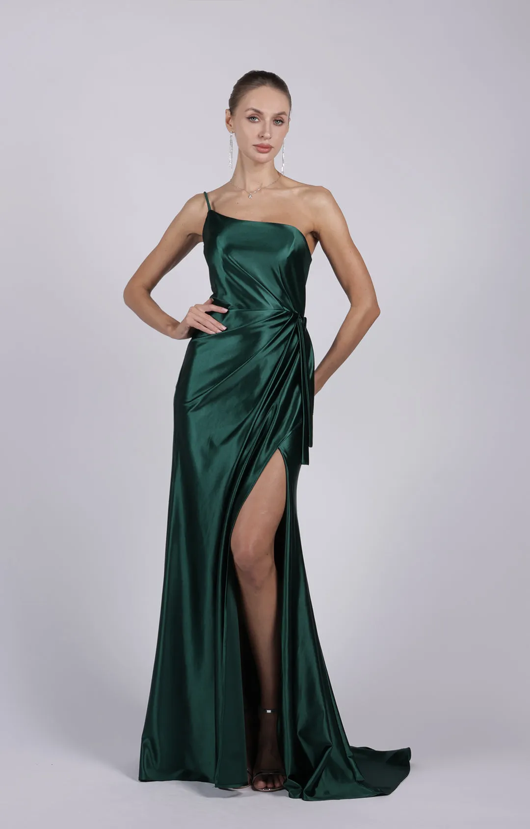 Satin One-shoulder Ruched Split Sweep Train Dress