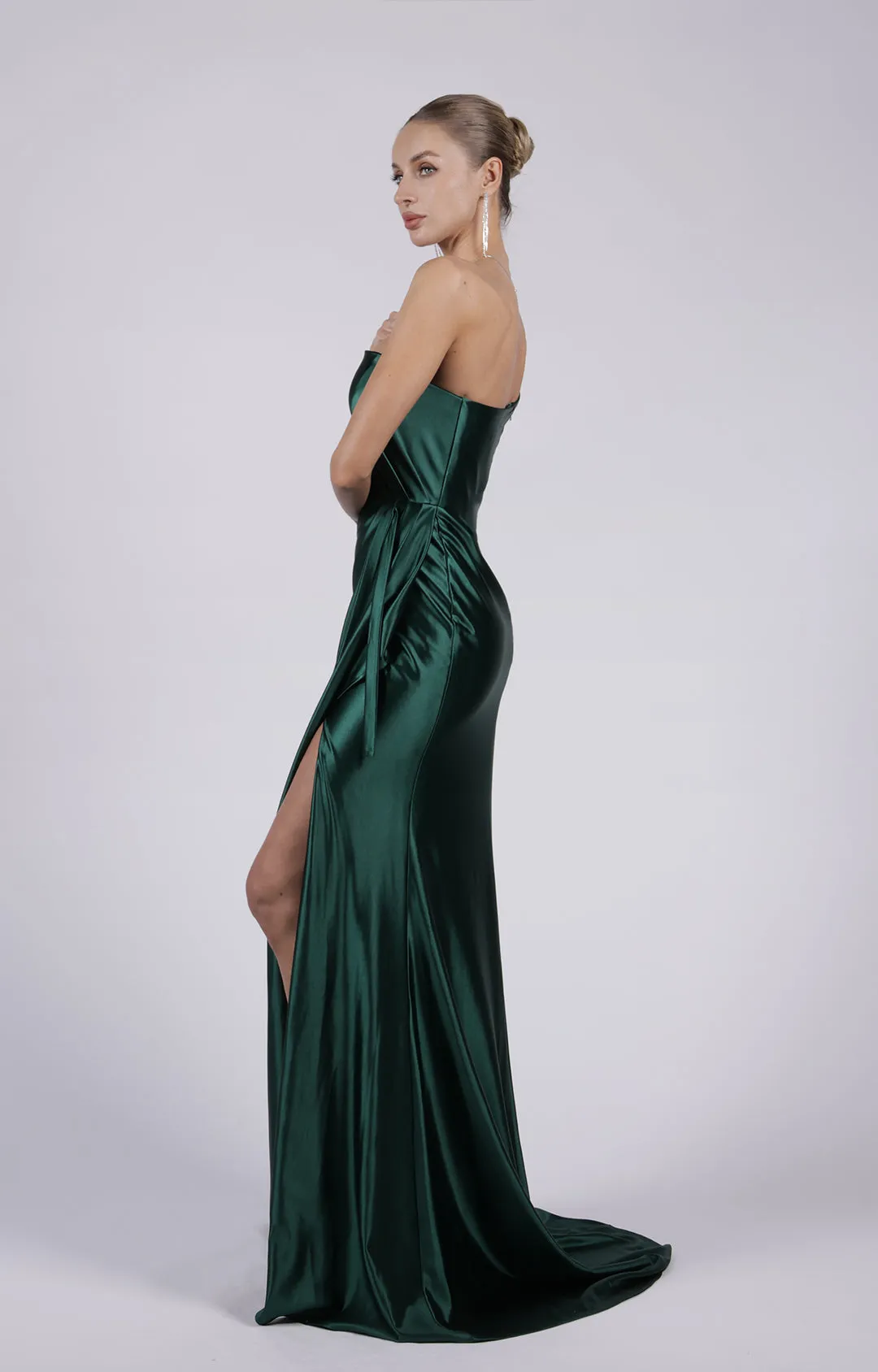 Satin One-shoulder Ruched Split Sweep Train Dress