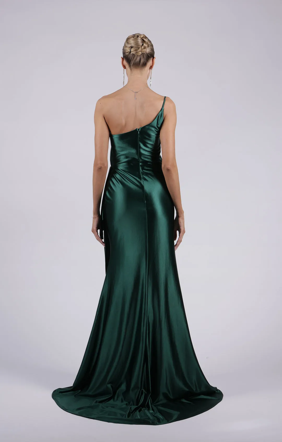 Satin One-shoulder Ruched Split Sweep Train Dress